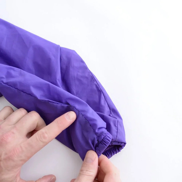 80S Active Spirit Purple Teal Zip Up Nylon W/ Hidden Hood Lined Windbreaker Coat - Picture 14 of 14